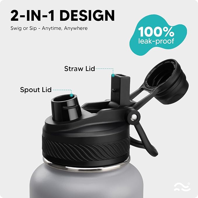 Swigina [2-IN-1 LID] Insulated Water Bottle with Silicone Boot (36hrs Cold/18hrs Hot) - DIY Stickers, Leakproof, BPA Free, 40 oz