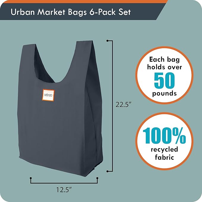 Urban Market Bags - Galaxy -6 Foldable Reusable Shopping Bags in 1 Compact Pouch, Luxury Quality, Recycled Fabric, Holds 50+ lbs, Machine Washable, Pouch Fits in Cupholder, Designed in California