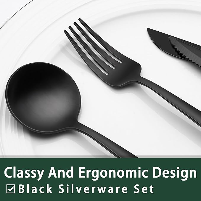 EWFEN 24-Piece Black Silverware Set with Steak Knives, Black Flatware Set for 4, Food-Grade Stainless Steel Tableware Cutlery Set, Mirror Finished Utensil Sets for Home Restaurant, Long Edge