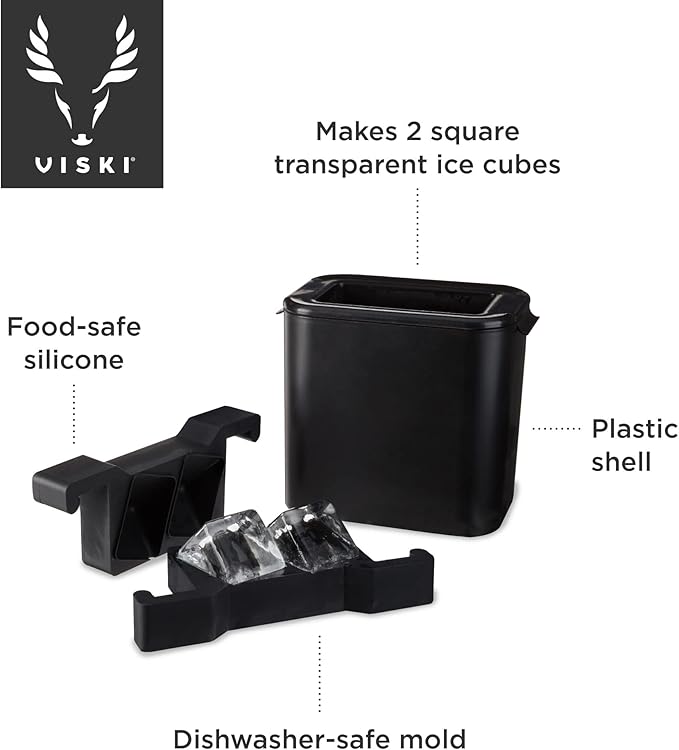 Viski Glacier Ice Maker, Ice Cube Mold for Whiskey on the Rocks, Old Fashioned & Craft Cocktail Drinks, Makes 2 Large Crystal Clear Cubes, Birthday Gifts for Men, Home Bar Accessories, Set of 1, Black