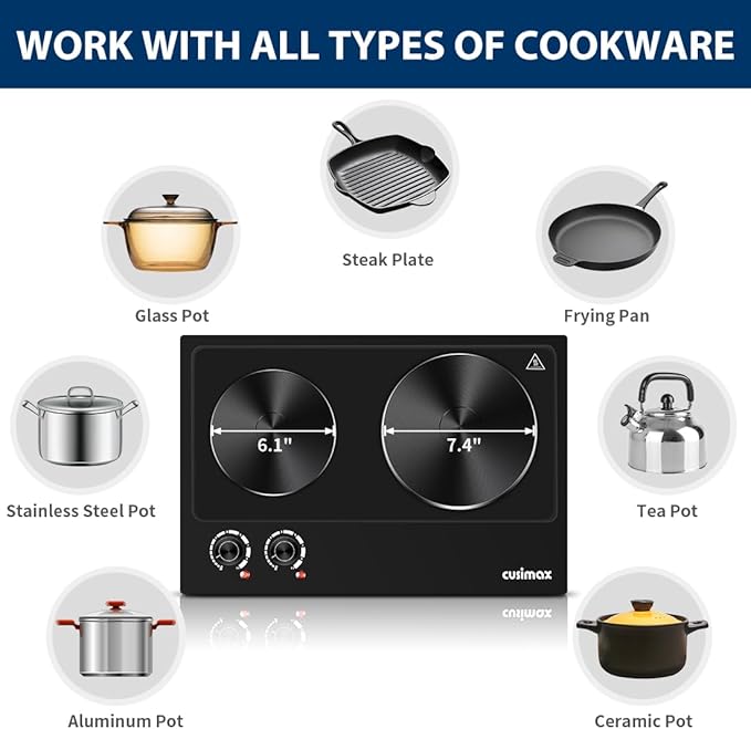 CUSIMAX Hot Plate, 1800W Electric Burner Double Hot Plate for Cooking Countertop Burner with Adjustable Temperature Control, Portable Electric Cast Iron Hot Plates Cooktop, Easy to Clean, Black