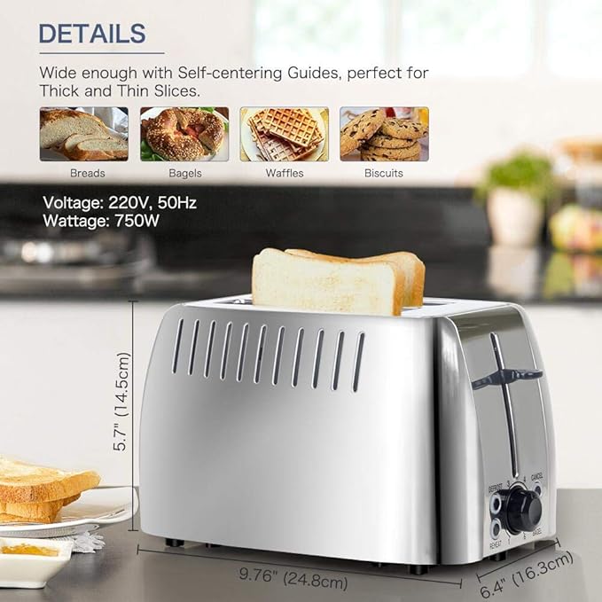 Toaster 2 Slice Stainless Steel Bagel Toaster Extra Wide Slots with 6 Browning Setting, Bagel/Reheat/Defrost/Cancel Function for Toasting Bread, Bagels and Waffles, 750W, Silver