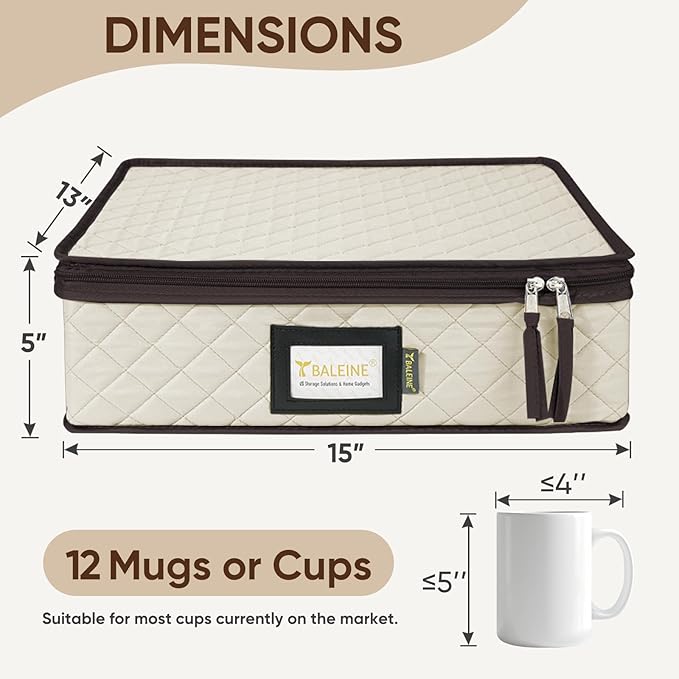 BALEINE China Storage Containers, Sturdy Quilted Wine Glass Storage, Plate Organizer with Carry Handles, Moving Boxes for Dishes, Cups, Mugs and Stemware (Mug Storage, Soft Shell Cream)