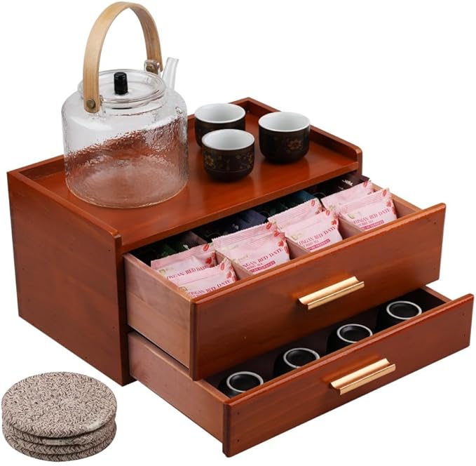 Tea Organizers and Storage Box with Drawer Tea Station organizer for Countertop with 8 Compartments Pine Wood Tea Bag Organizer with Drawer Teabag Holder with 4 Cotton Woven Coasters（Brown02）
