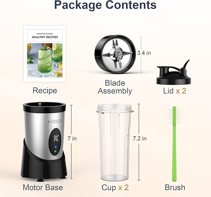 KOIOS Smoothie Blender, 900W Personal Blender for Shakes and Smoothies for Kitchen with 2 Portable Cups 22oz, Single Serve Smoothies Maker Mixer for Juices, Nutritious Recipe, Silver