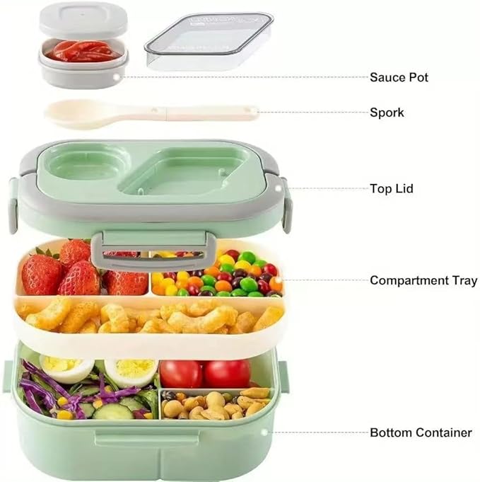 Adults Bento Lunch Box,Salad Container Large 43oz Salad Bowl, Bento-Style Tray for Toppings, 3oz Sauce Container for Dressings, and Built-In Reusable Fork (Green)
