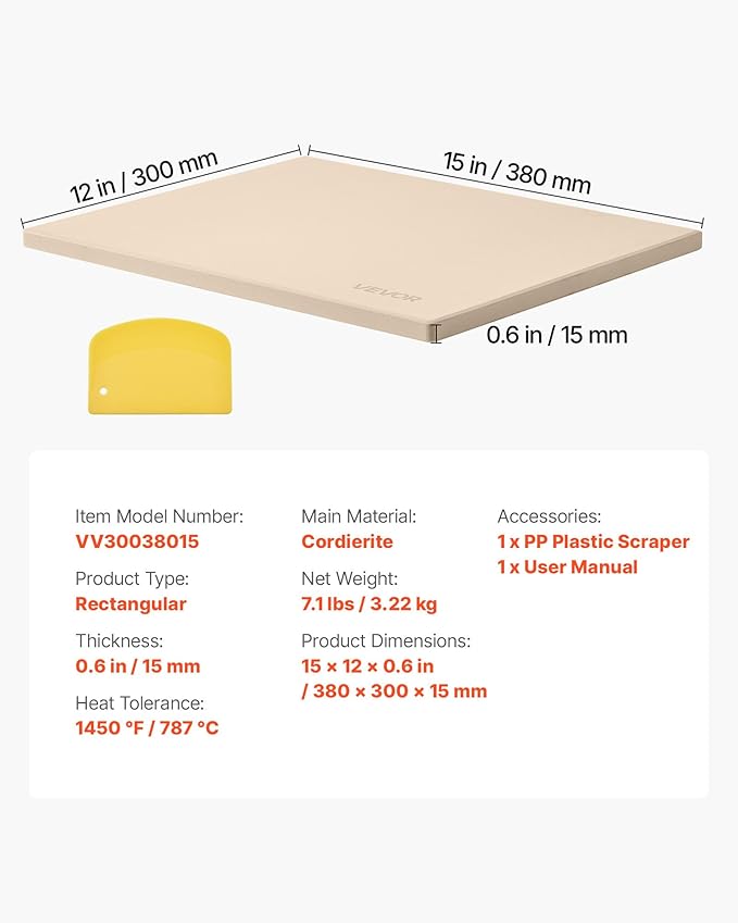 VEVOR Pizza Stone, 15 x 12 x 0.6 in Rectangular Cordierite Pizza Stone, Extra Large Baking Stone with Scraper, 1450℉ Heat-Resistant Bread Stone, for Kitchen Oven, Baking Bread & Pizzas, BBQ Grill