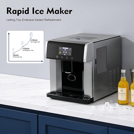 2-in-1 Nugget Ice Maker & Cold Water Dispenser, Manual/Automatic Countertop Ice Maker Dispense with Touch Control Ice Storage Capacity 600g/1.32lbs for Homes, Cafes