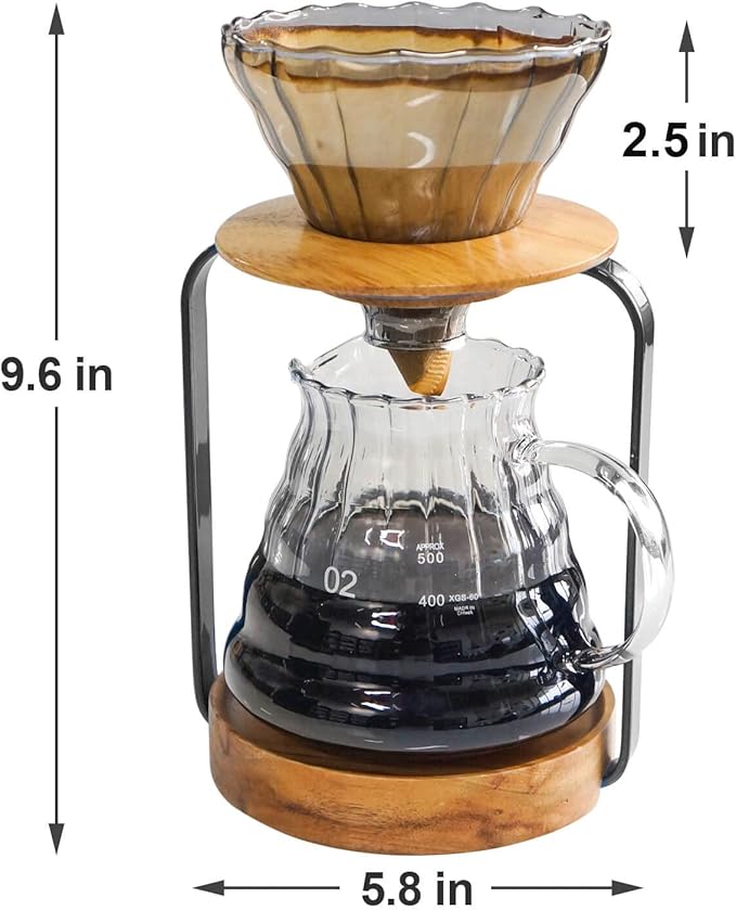 SOTECH Pour Over Coffee Station Dripper Stand Coffee Filter Wooden Filter Holder Glass Server with Paper Coffee Filters, Coffee Maker Stand Set for Coffee Tea and Saffron