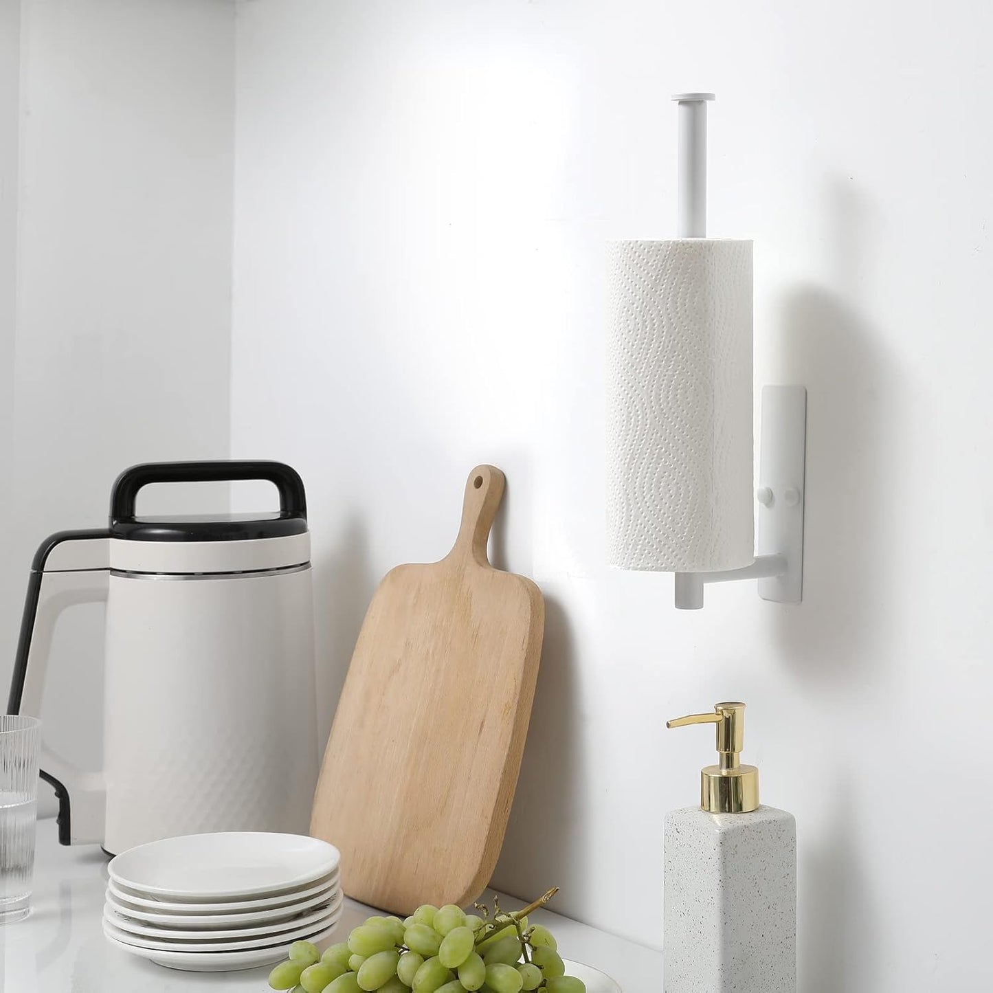 theaoo White Paper Towel Holder - Under Cabinet Paper Towel Holder for Kitchen, Adhesive Paper Towel Roll Rack for Bathroom Towel, Wall Mounted Matte Black Paper Towel Rack, SUS304 Stainless Steel
