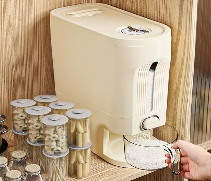 IEEK Rice Dispenser and Grain Container Storage with Lid,Rice Container with Measuring Cup,Moisture Proof Household Cereal Dispenser Bucket for Kitchen Soybean Corn Oatmeal,12Lbs