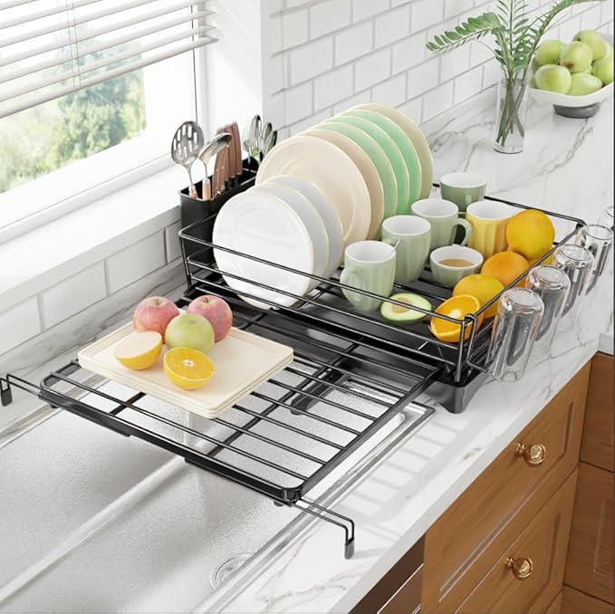 Ekisemio Expandable Dish Drying Rack for Kitchen Counter, Large Capacity Dish Drainer with Utensil Holder & Drip Tray, Space Saving Organizer (12.7"-21.7" x 17"), Black