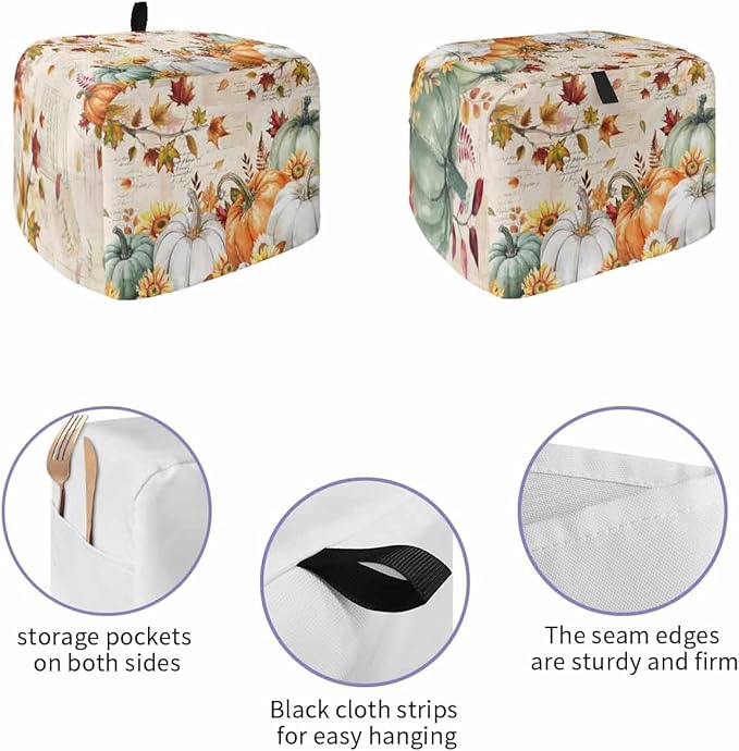 Green White Pumpkins Fall Toaster Cover 4 Slice, Thanksgiving Maple Leaf Dustproof Bakeware Oven Protector with Top Hook, Autumn Waterproof Small Kitchen Appliance Toasters Dust Cover, 12"x11"x8"