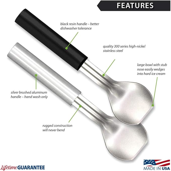 Rada Cutlery Ice Cream Scoop (W237), 2.38" x 2.38" Stainless Steel Bowl, Black Handle, Pack of 2