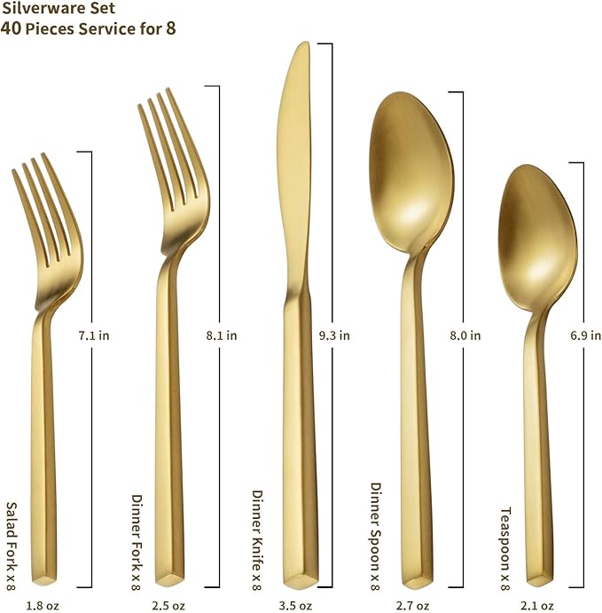 Alata Cube Matte Gold 40-Piece Flatware Set, Forged Cutlery Set, Service for 8, Stainless Steel Tableware with Square Handle for Home/Restaurant, Dishwasher Safe