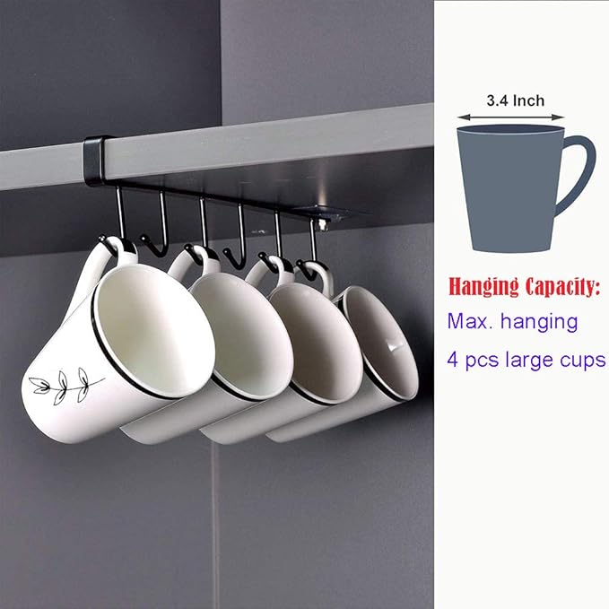 AliCH 2pcs Mug Hooks Under Cabinet Mug Holder Rack,Nail Free Adhesive Coffee Cups Holder Hanger for Cups/Kitchen Utensils/Ties Belts/Scarf/Keys Storage, Fit for 0.8inch Thickness Shelf or Less (Black)
