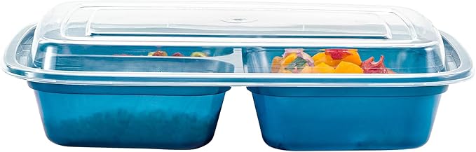Asporto 26 Ounce Compartment Take Out Boxes, 100 Microwavable Meal Prep Containers - 3 Compartments, With Clear Plastic Lids, Midnight Blue Plastic Food Containers, Do Not Contain BPA - Restaurantware