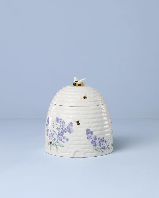 Lenox Home And Kitchen, Butterfly Meadow Beehive Candy Jar, Porcelain Material, Candy Bowl, Dishwasher Safe, Kitchen And Dining, Butterfly And Flowers, Pantry Storage, Table Decor (White, 1 Piece)