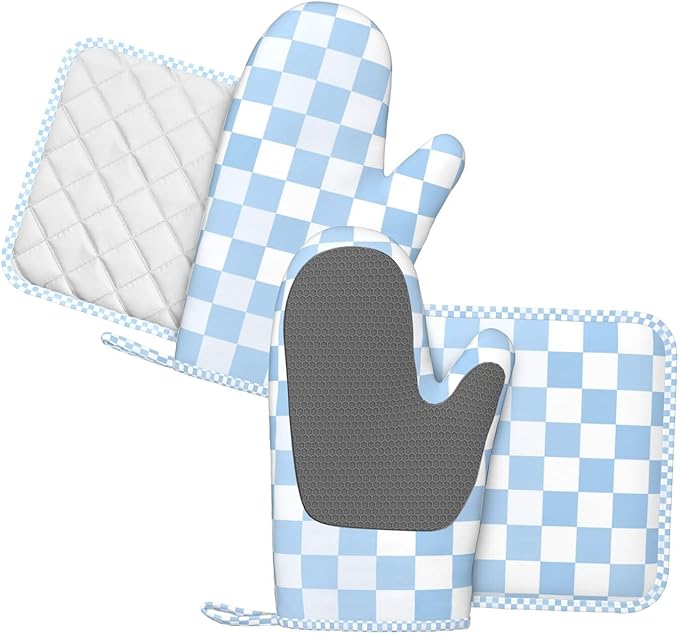 Oven Mitts and Pot Holders Set, Checkerboard Pattern Pastel Blue Silicone Kitchen Accessories 4 Piece Heat Resistant Long Gloves Potholder Non-Slip Grip for Chef Cooking Baking Grilling BBQ