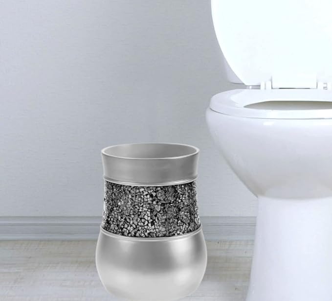 Creative Scents Crackled Glass Silver Bathroom Accessories Set Complete - 6 Piece Bathroom Accessory Set Includes: Trash Can, Tissue Box Cover, Soap Dispenser, Toothbrush Holder, Soap Dish & Tumbler