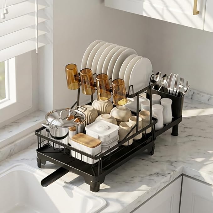 GSlife 2 Tier Dish Drying Rack with Drainboard, Expandable Large Dish Drainer for Kitchen Counter, Rust Resistant Dish Drainer with Cup Holder & Utensil Holder, 12.6" W x 18.7"-25.2" L, Black
