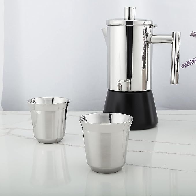 Easyworkz Stainless Steel Espresso Cup 2pcs Set Double Wall 5 oz, Bundled Espresso Steaming Pitcher Stainless Steel 15 oz Coffee Frothing Picther Milk Jug Cappuccino Latte Art Cup