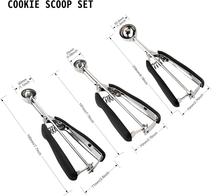 Small Cookie Scoop Set - 3 PCS Include 1 tsp / 2 tsp / 3 tsp Cookie Dough Scoop, Cookies Scoops for Baking, Made of 18/8 Stainless Steel, Good Soft Grips, Quick Trigger Release