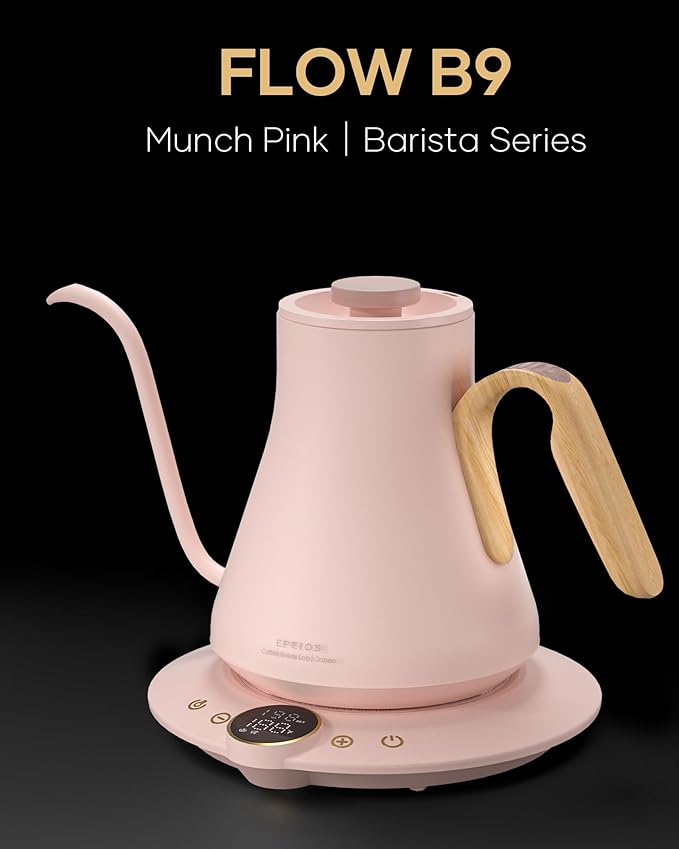 Cocinare Barista Collection Gooseneck Electric Kettle, ±1℉ Precise Temperature Control for Pour-Over Coffee & Tea, Quick Heating 1500W, Stainless Steel Interior, 0.9L (Munch Pink)