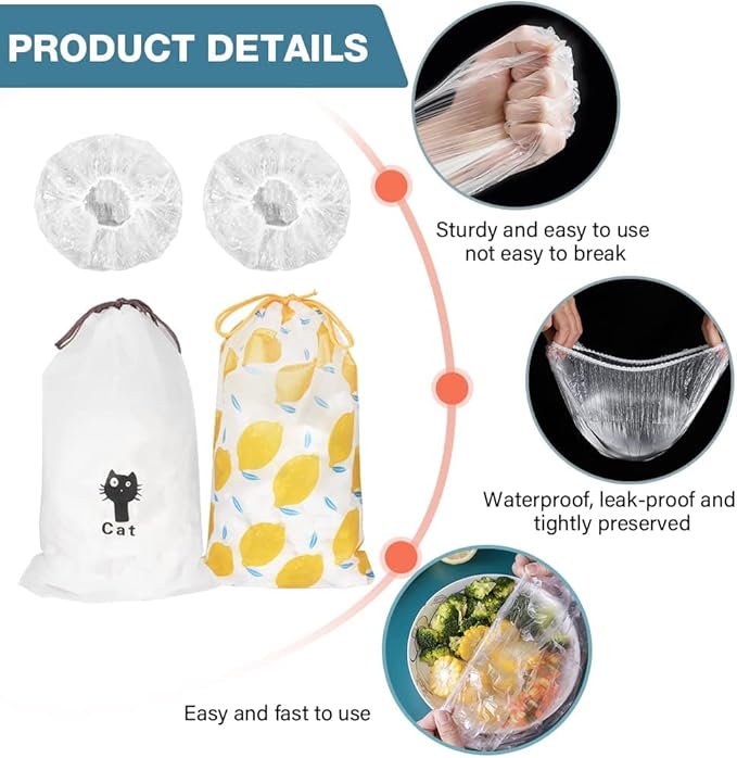 200PCS Plastic Elastic Bowl Covers Reusable,Food Storage Covers with Elastic Bowl Covers for Leftover, Plastic Covers for Bowls Fresh Keeping Bags for Family Outdoor Picnic (Thicken)