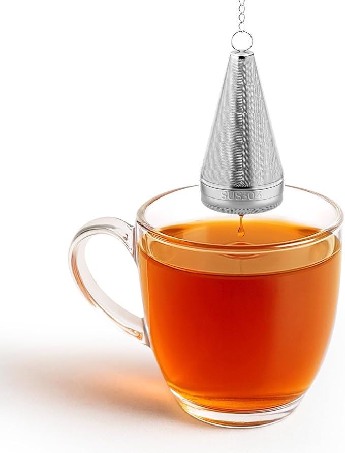 Cone Tea Infusers for Loose Leaf Tea, 304 Stainless Steel Tea Strainer Fine Mesh, 1.8” x 3” Loose Leaf Tea Steeper with a Drip Tray