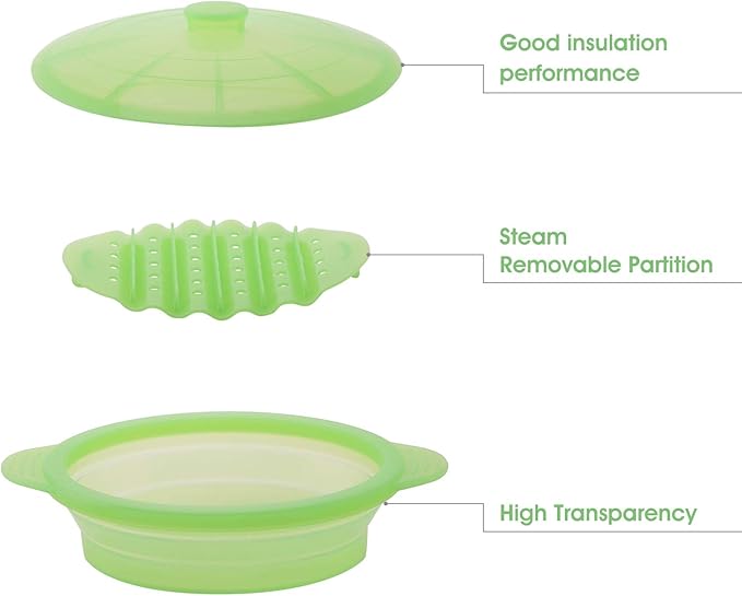 Microwave Steamer Cooker Collapsible Bowl Silicone Cookware Baked Potato with Handle Lid for Vegetables Fish Prep Meal Food with Removable Rack BPA Free Easy to Store Freezer Dishwasher Safe Green