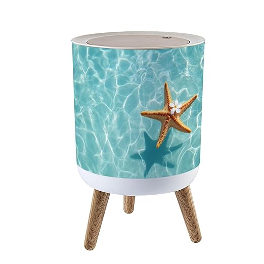 Trash Can with Lid Starfish Flower Summer Beach sea Water Summer Press Top Round Small Garbage Bin with Wooden Legs Waste Basket for Kitchen Bedroom Nursery 7L/1.8 Gallon