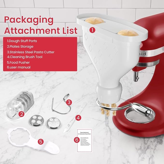 6-Piece Pasta Maker Attachment for KitchenAid Stand Mixer, Heavy Duty Homemade Pasta Press with Dual Feed Ports, Includes 6 Shaping Discs, Dishwasher Safe & Easy Clean Accessories