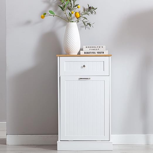 Gitua Tilt Out Trash Cabinet, Freestanding Wooden Kitchen Trash Recycling Cabinet with Drawer & Removable Cutting Board, Dog Proof Trash Can Cabinet, White
