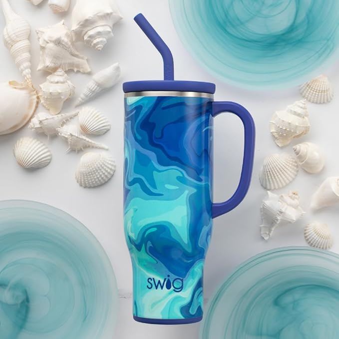 Swig Life 30oz Mega Mug, 30oz Tumbler with Handle and Straw, Large Insulated Tumblers, Cup Holder Friendly Travel Mug, Stainless Steel 30 oz Tumbler, Reusable Insulated Water Bottle (Blue Lagoon)