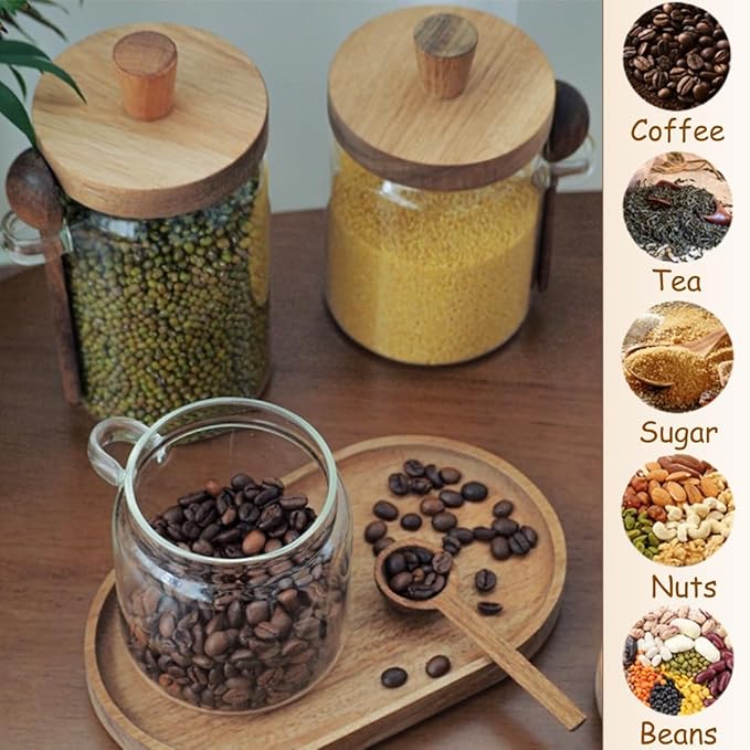 ANSQU Set of 2 Glass Food Storage Jars with Bamboo Wood Lid and Spoon, 20.3oz Glass Kitchen Canisters for Coffee, Tea, Cereal, Spice and Canning, Mason Jars, Gratitude Jar for Mother' Day