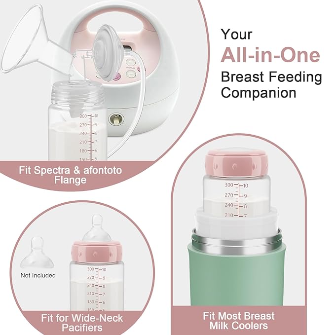 Breastmilk Storage Bottle Compatible with Spectra S1/S2/SG/9Plus /Motif Luna Flange, 9.5oz Wide-Neck Spectra Bottles for Pumping, Baby Bottle Storage with Lid Fit Momcozy Breast Milk Cooler 22oz, Pink