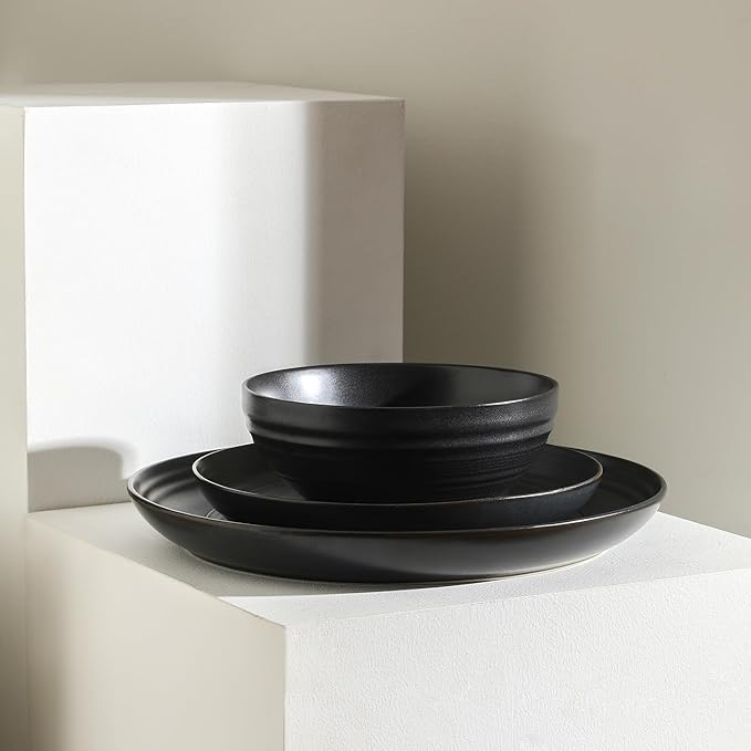 Stone Lain Elio 12-Piece Dinnerware Set Stoneware, Plates and Bowls Set, Dish Set for 4, Black
