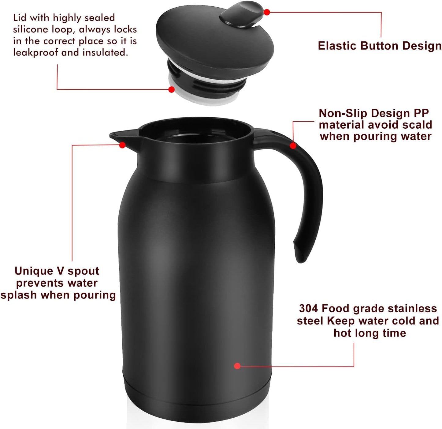 Stainless Steel Thermal Coffee Carafe Dispenser, 40oz Unbreakable Double Wall Vacuum Flask 1.2L Water Tea Pot Beverage Pitcher for Hot Coffee for Christmas Carafe(Black)