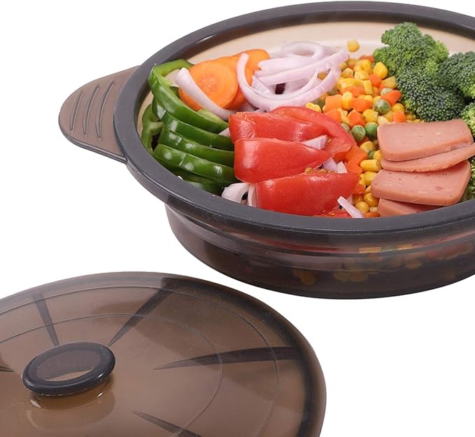 Microwave Steamer Cooker Collapsible Bowl-Silicone Steamer Cookware with Handle Lid for Vegetables Fish Prep Meal Food with Removable Rack BPA Free, Easy to Store, Freezer & Dishwasher Safe, Large