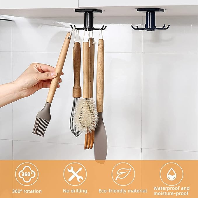 2pcs Under Cabinet Kitchen Utensil Hooks,360° Rotating Drilling Free Adhesive Utensils Hanging Rack for Tools/Towel/Knife (Black)