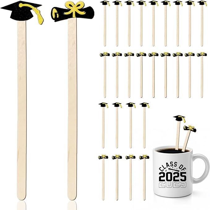 JarThenaAMCS 120Pcs Graduation Coffee Stirrers 2026 Grad Black Hat Diploma Disposable Stir Sticks Wooden Drink Stirrers for Home Office Bar Restaurant Party Supplies