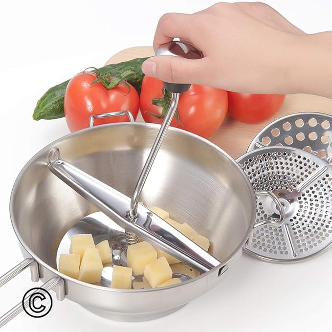 Rotary Food Mill Potato Ricer with 3 Interchangeable Disks, Great for Making Puree or Soups of Vegetables, Baby Foods, Stainless Steel 2 Quart Kitchen Mills, Easy Clean and Assemble, Manual Operati