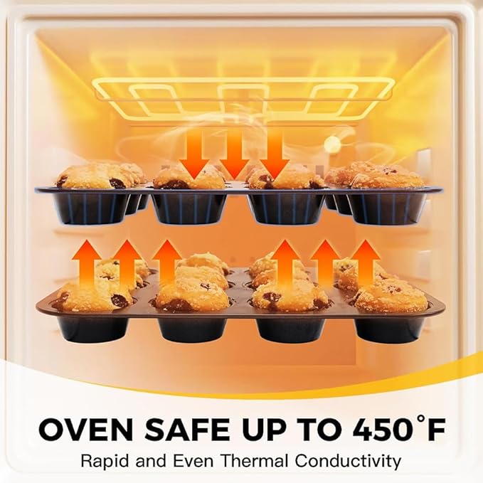 HONGBAKE Muffin Pans with 120 Natural Liners, Nonstick 12 Cup Cupcake Baking Tray, Premium Standard Size, 2 Pack, Dark Grey
