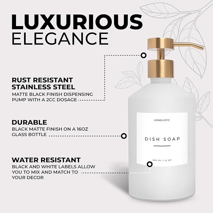 homelistic Matte White Glass Soap Dispenser Set with Champagne Gold Pump – 16oz Refillable Kitchen & Bathroom Soap Dispensers (2 Pack) Rust-Resistant Stainless Steel Pumps, 48 Labels