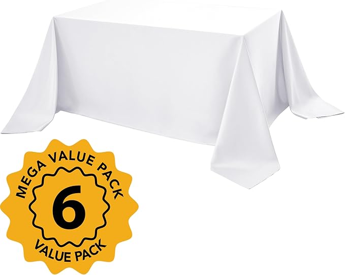 6-Pack White Tablecloths for Rectangle Tables, 90 x 132 Inches, Stain-Resistant Polyester Fabric for 8 Foot Tables - Washable Table Covers for Weddings, Banquets, Birthday Parties, Events