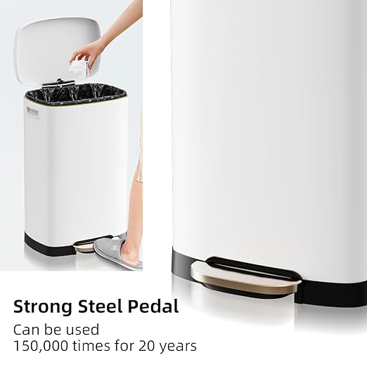 KdbK 13 Gallon Trash Can with Lid, 50L Fingerprint Proof Stainless Steel Kitchen Trash Can with Removable Inner Bucket and Lid Soft Close, Pedal Rubbish Bin for Home Office, White