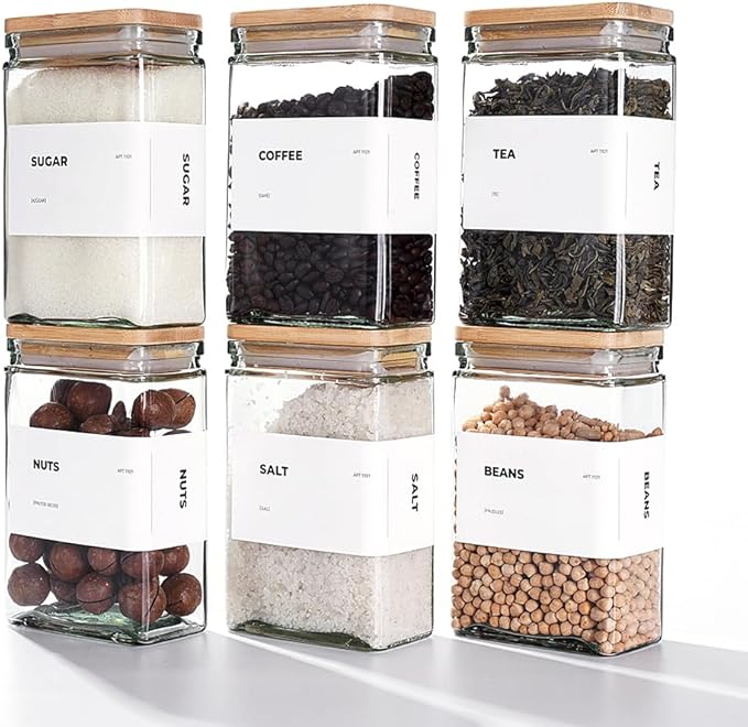 APT 1101 Glass Storage Jars with Bamboo Lid, glass canisters with airtight lids, Clear jars with lids for Spice, Cookie, Candy, Tea, Coffee Bean and Rice (White, Pantry Jar Set (26 oz, set of 6))