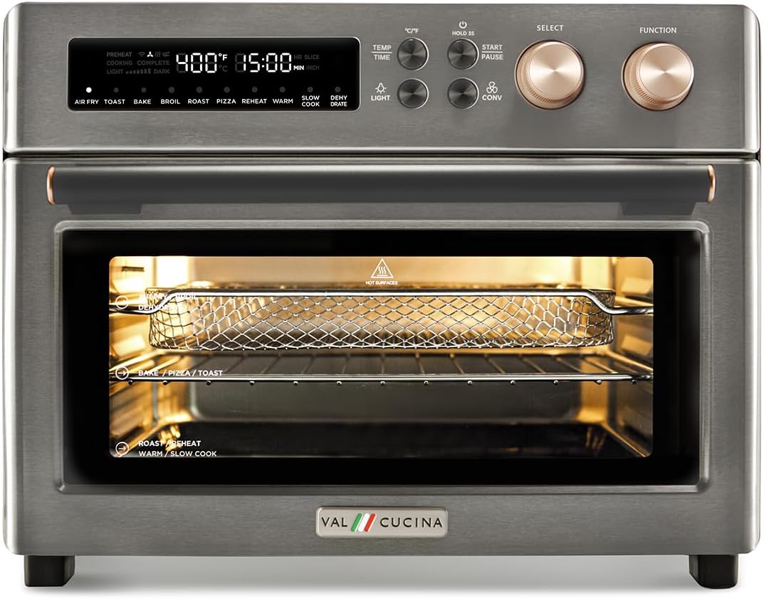 Infrared Heating Air Fryer Toaster Oven, Extra Large Countertop Convection Oven 10-in-1 Combo, 6-Slice Toast, Enamel Baking Pan Easy Clean with Recipe Book, Black Matte Stainless Steel