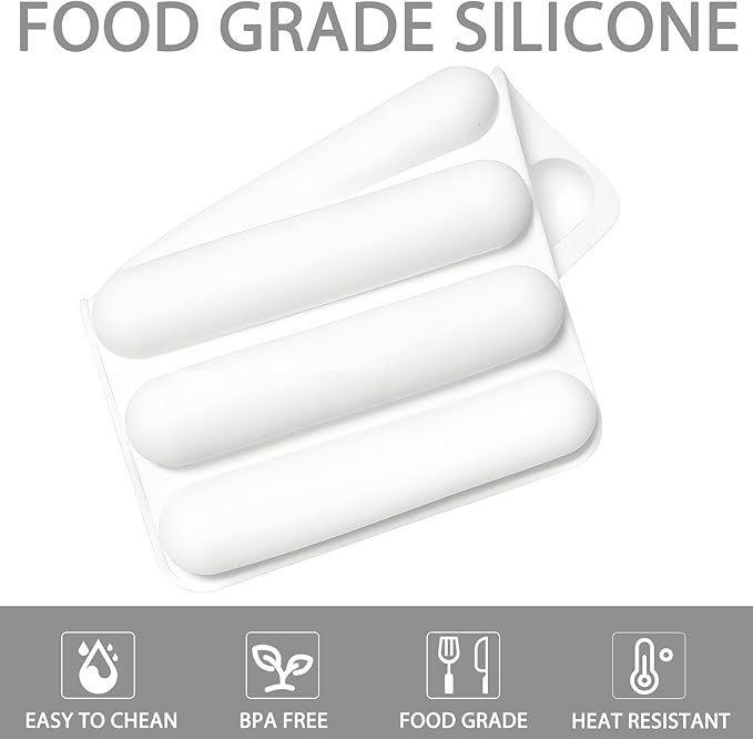 Silicone Eclair Mold, 6-Cavity Hot Dog Bun Pan, Finger Biscuit Baking Tray for Chocolate Cracker Bar, White, Set of 2